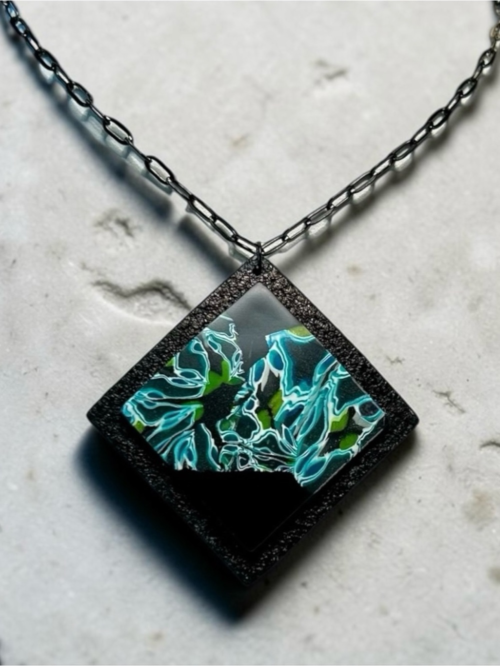 Handmade Blue & Black Abstract Floral Polymer Clay Large Pendant Necklace Chain